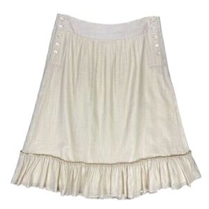 J. Crew Women Flare Ruffle Hem Midi Skirt Cream 4 Linen Side Buttons Minimalist‎